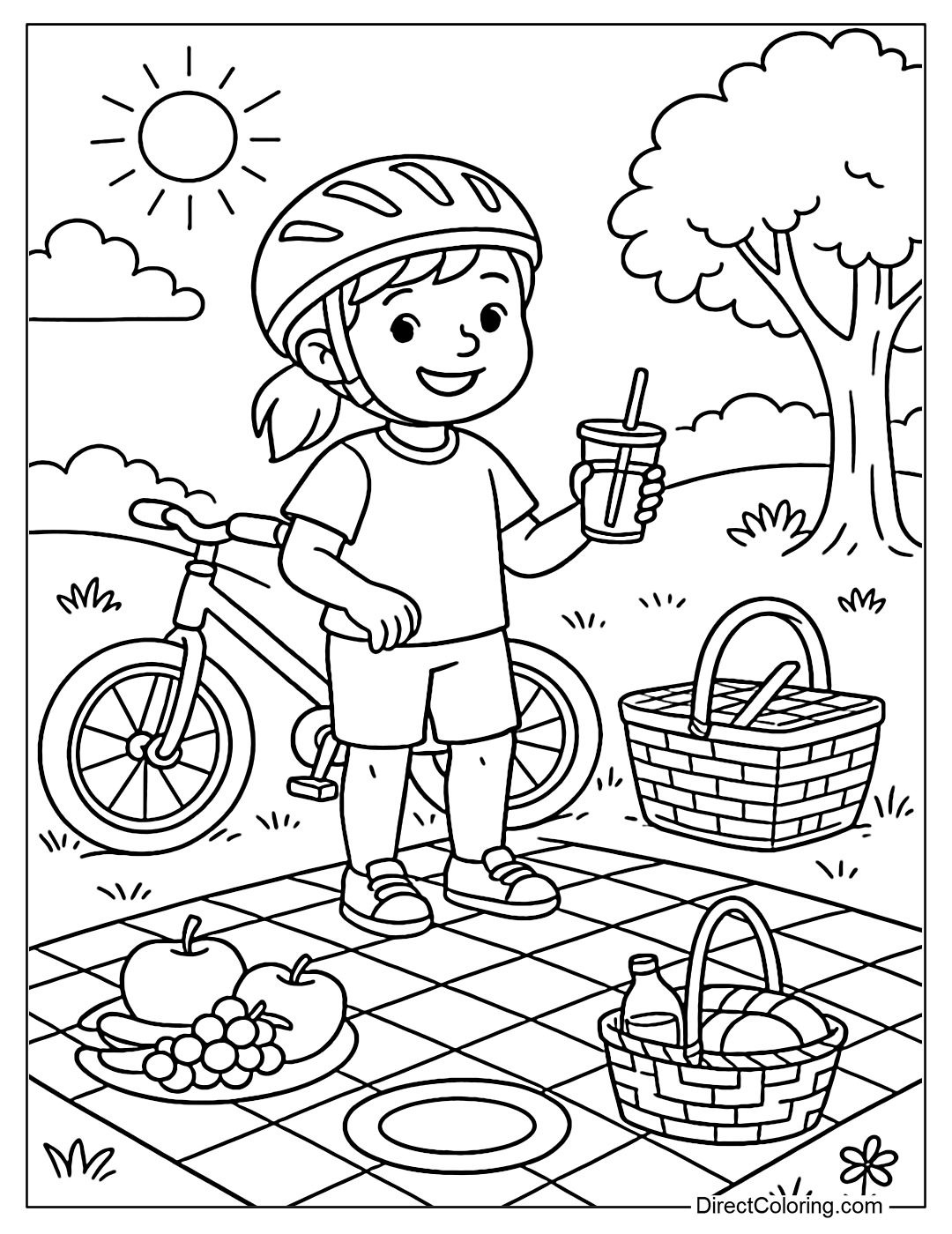 Coloring page of a child parking a bike near a picnic mat, holding a glass of orange juice.